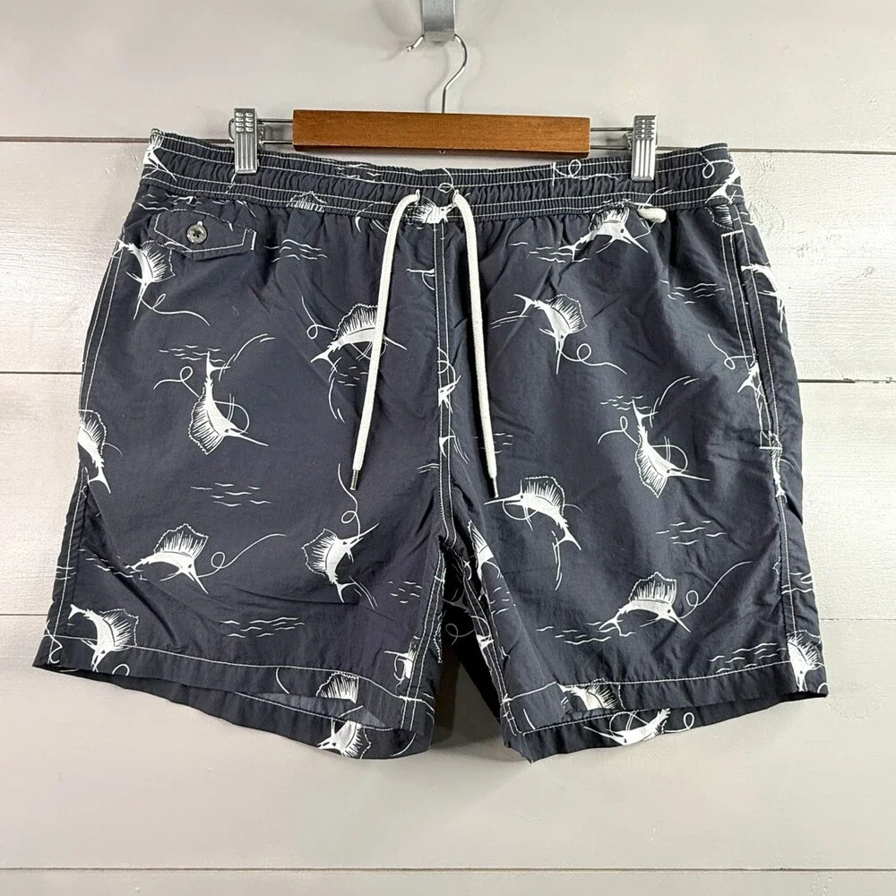 Polo Ralph Lauren Swim Trunks Mens L Blue Marlin Sailfish Fish Print Shorts